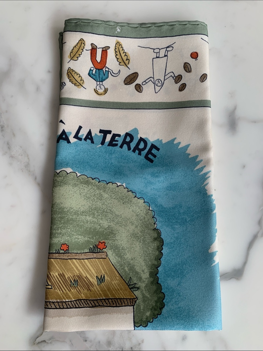 Hermès Multicolor 'Retour à la Terre' Silk Scarf with Green, Blue, Cream & Tan - Picture 12 of 14